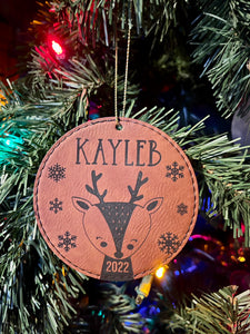 Child Personalized Yearly Ornament | Leather Ornament | Reindeer
