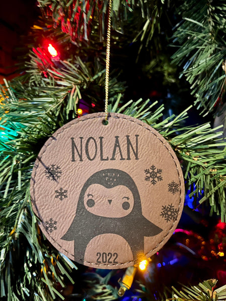 Child Personalized Yearly Ornament | Leather Ornament | Penguin