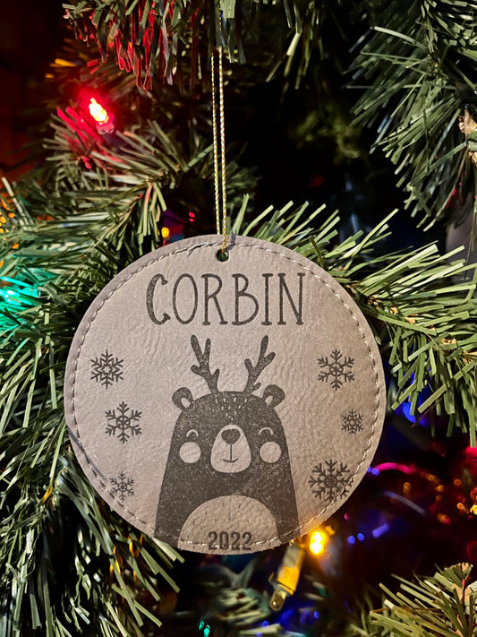 Child Personalized Yearly Ornament | Leather Ornament | Bear