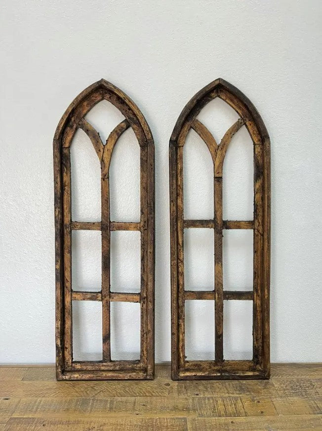 36" Cathedral Wood Arches, 2 PC Set, Brown | Church Window Wall Decor | Farmhouse Window | Wooden Arch | Arched Frame | Cathedral Window Frame