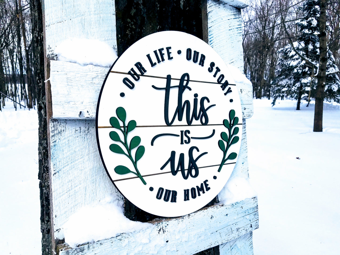 This is Us Round Shiplap Sign | Our Life Our Story Our Home | Raised Lettering Farmhouse Sign with Shiplap