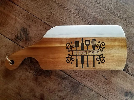 Engraved Marble and Wood Cutting Board with Family Name | Farmhouse Kitchen Decor
