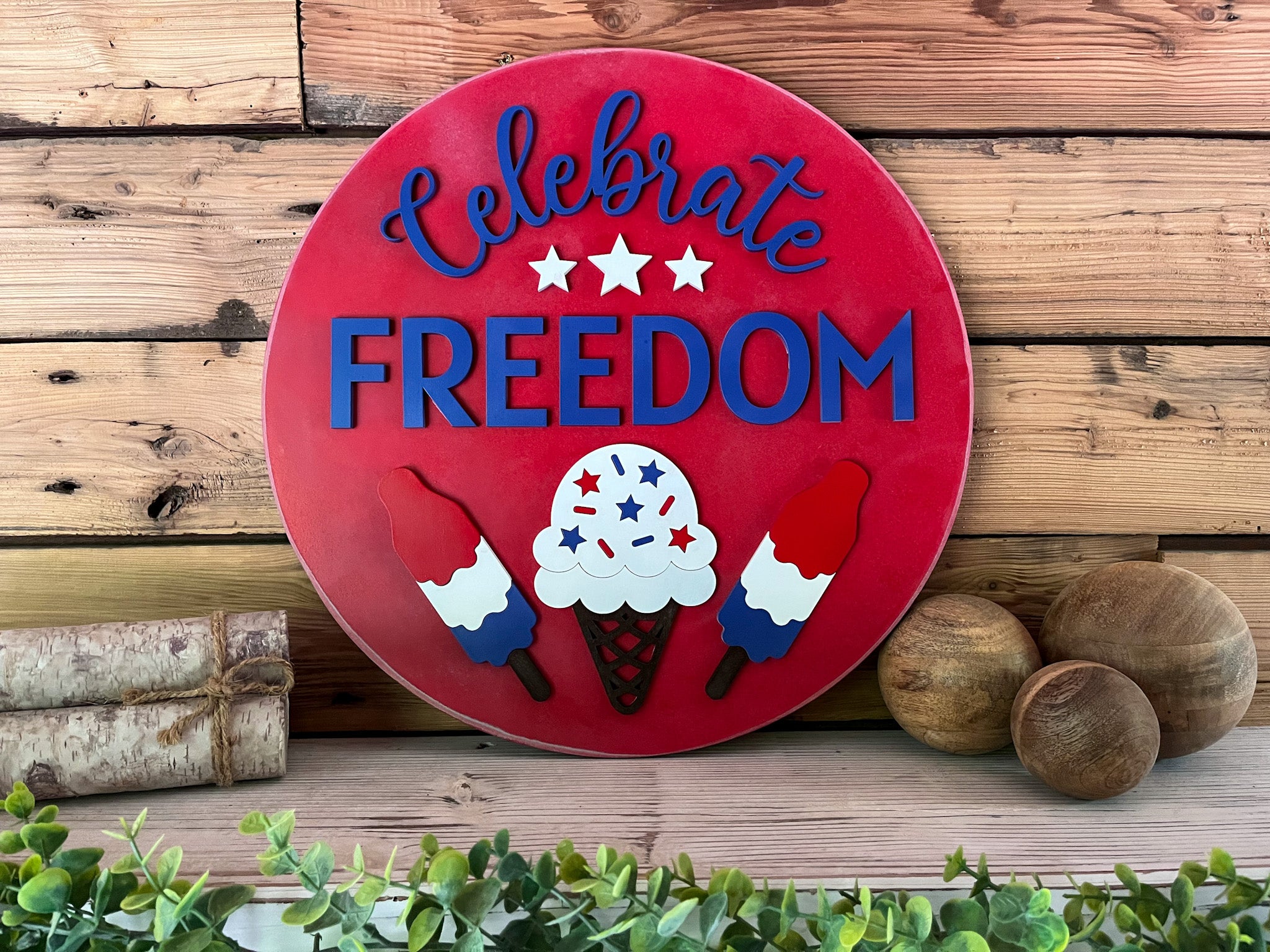 America Celebrate Freedom Round Sign | Patriotic Decor | Round Door Hanger Sign | Patriotic Door Hanger