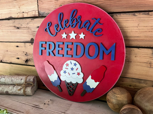 America Celebrate Freedom Round Sign | Patriotic Decor | Round Door Hanger Sign | Patriotic Door Hanger