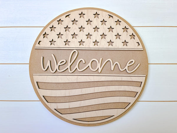 America Welcome DIY Sign Kit | DIY Paint Party Set | Patriotic Decor | Round Door Hanger Sign | Patriotic Door Hanger