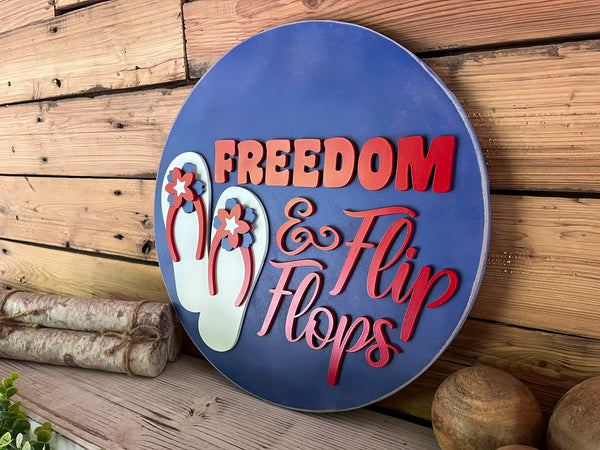 America Freedom and Flip Flops Round Sign | Patriotic Decor | Round Door Hanger Sign | Patriotic Door Hanger