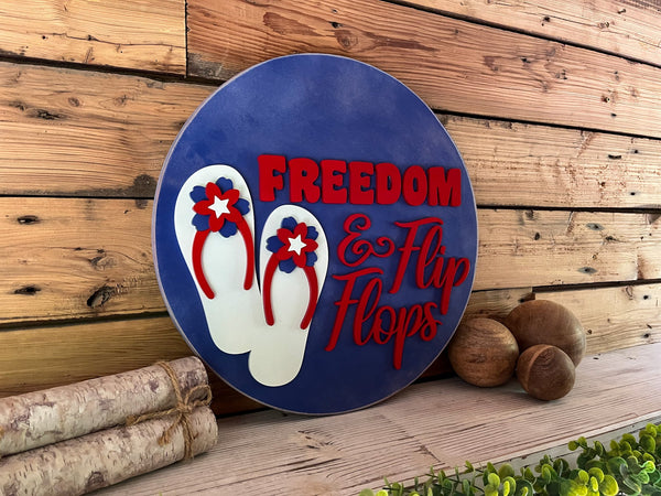 READY TO SHIP - America Freedom and Flip Flops Round Sign | Patriotic Decor | Round Door Hanger Sign | Patriotic Door Hanger