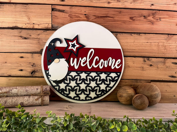READY TO SHIP - America Welcome Gnome Round Sign | Patriotic Decor | Round Door Hanger Sign | Patriotic Door Hanger