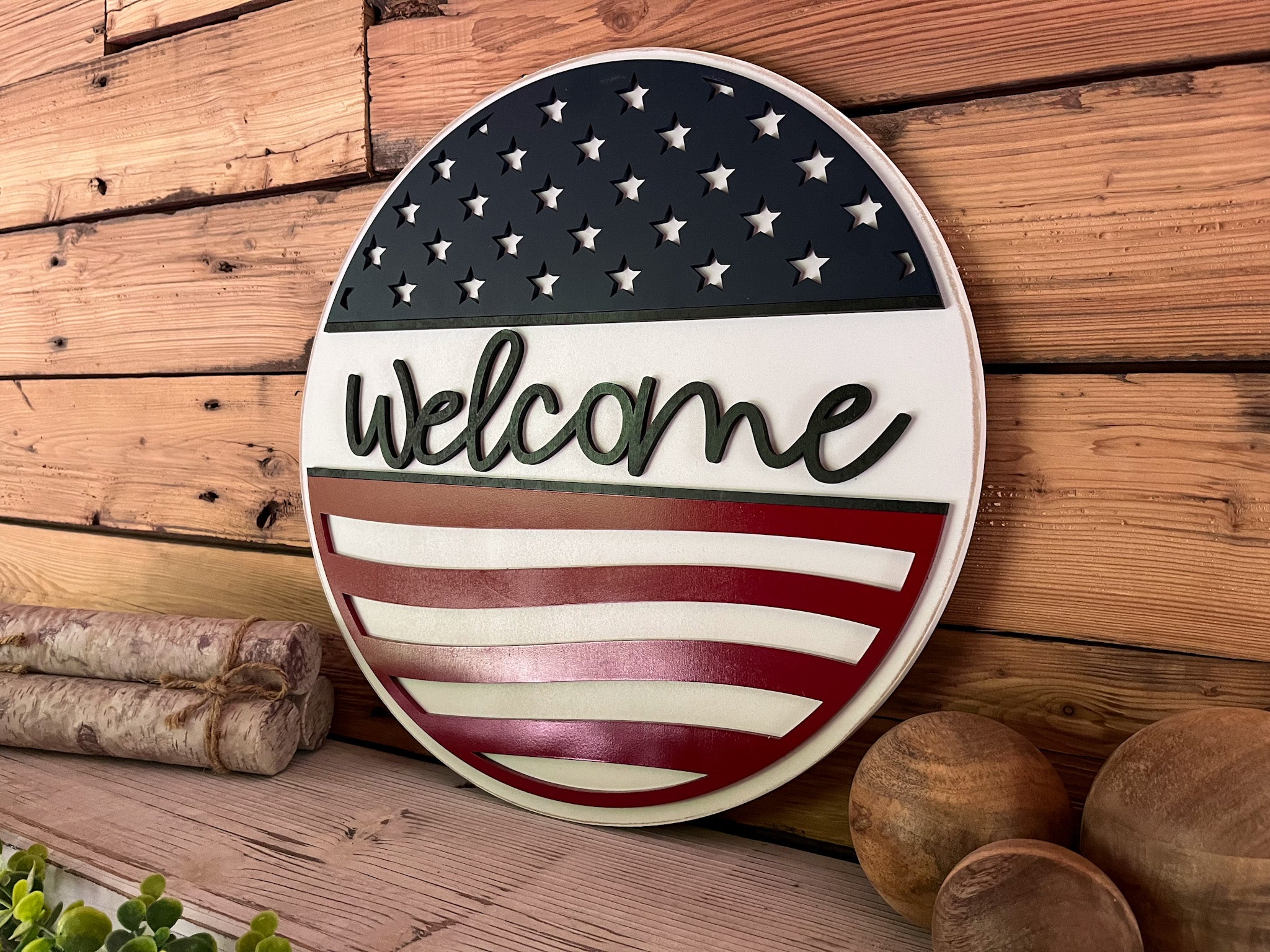 America Welcome Round Sign | Patriotic Decor | Round Door Hanger