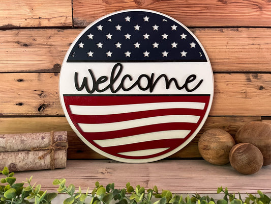 America Welcome Round Sign | Patriotic Decor | Round Door Hanger Sign | Patriotic Door Hanger
