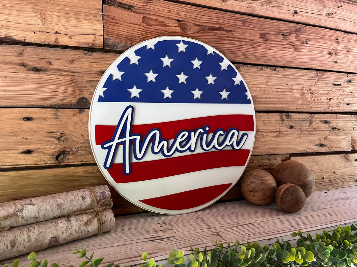 America File. Sign America Flag Round Sign | Patriotic Decor | Round Door Hanger Sign | P ...