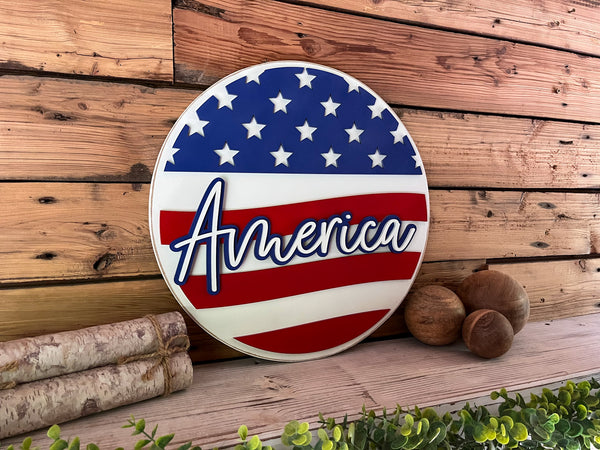 America Flag Round Sign | Patriotic Decor | Round Door Hanger Sign | Patriotic Door Hanger