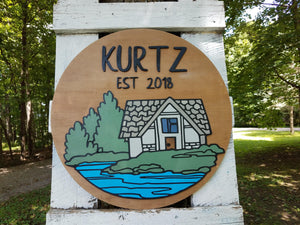 Round Personalized Name and Established Date Sign with Raised Lettering and Cabin Scene
