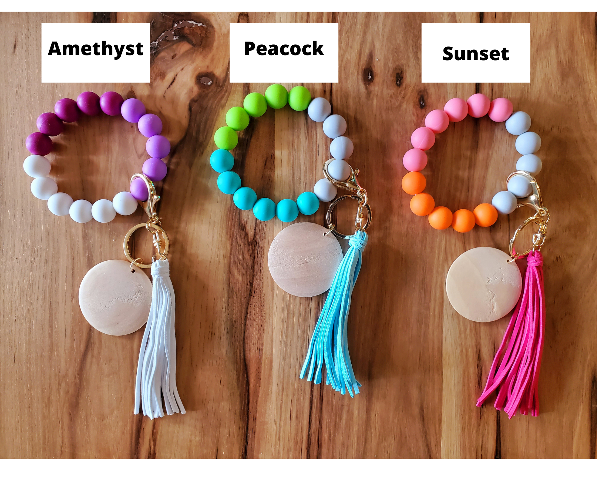 Silicone Bead Wristlet with Flower Initial | Bangle Key Ring with Suede Tassel | Bracelet Keychain | Custom Silicone Bangle Keyring