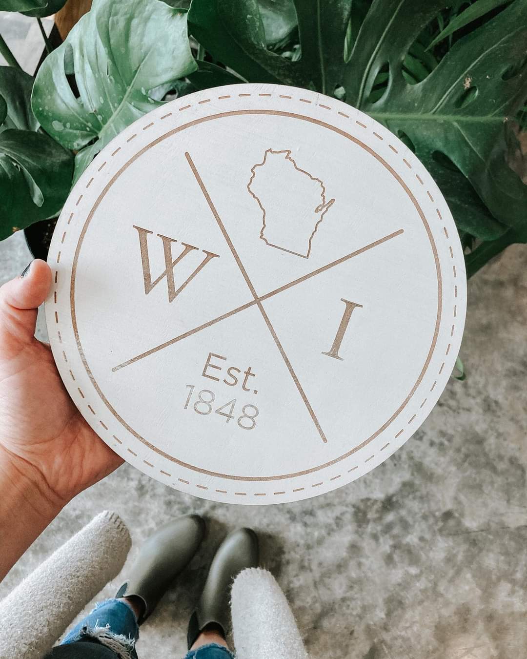 Round Wooden Engraved Wisconsin Sign