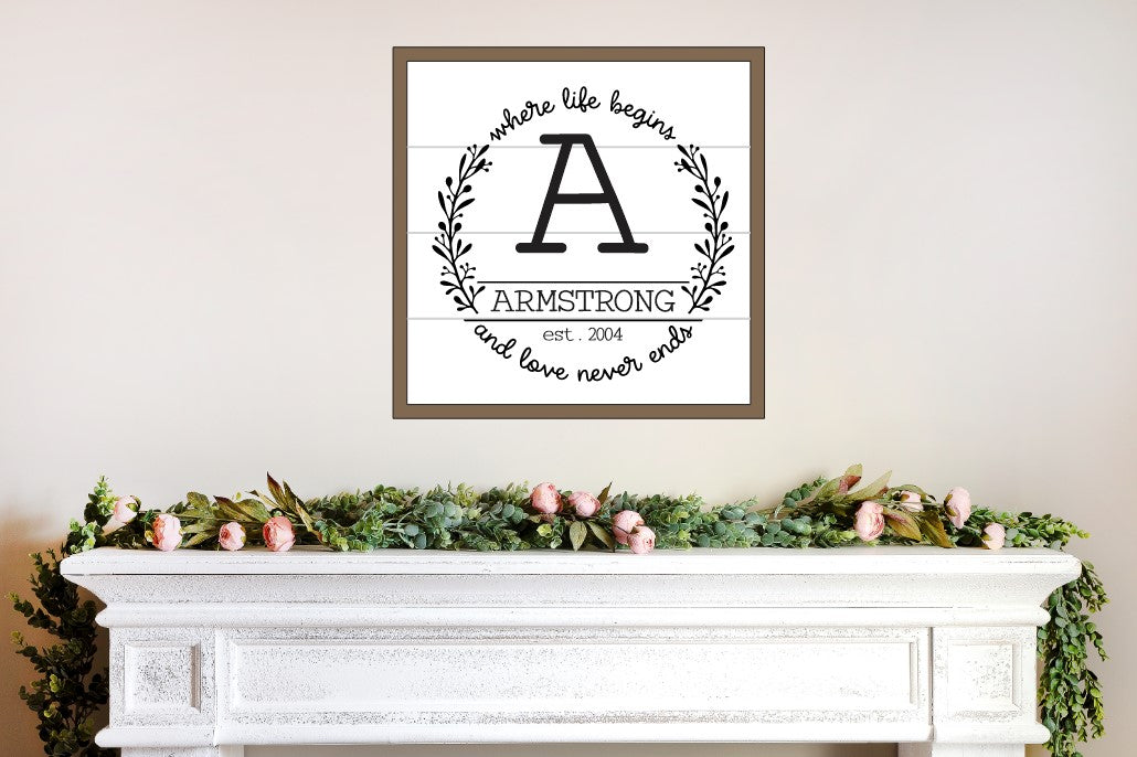 Square Personalized Raised Lettering Last Name Sign on Shiplap | Where Life Begins and Love Never Ends