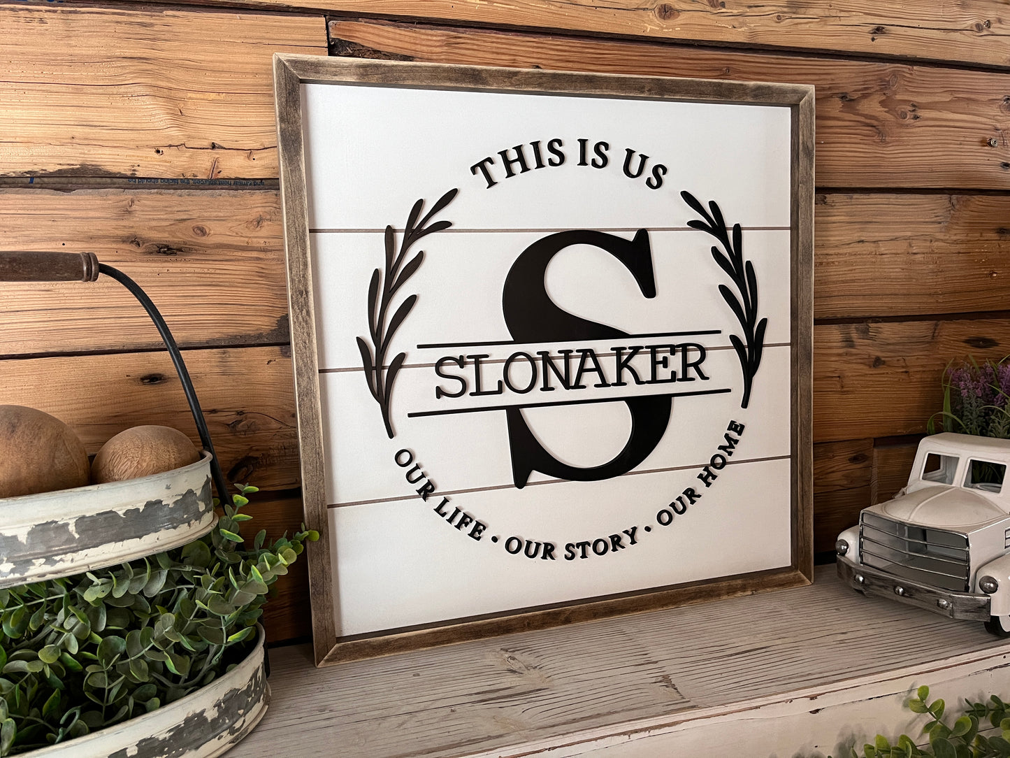 Square Personalized Raised Lettering Last Name Sign on Shiplap | This is Us Our Life Our Story Our Hom