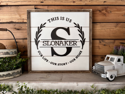 Square Personalized Raised Lettering Last Name Sign on Shiplap | This is Us Our Life Our Story Our Hom