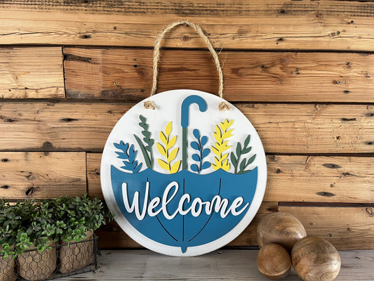 Welcome with Umbrella Sign | Farmhouse Porch Decor | Door Hanger