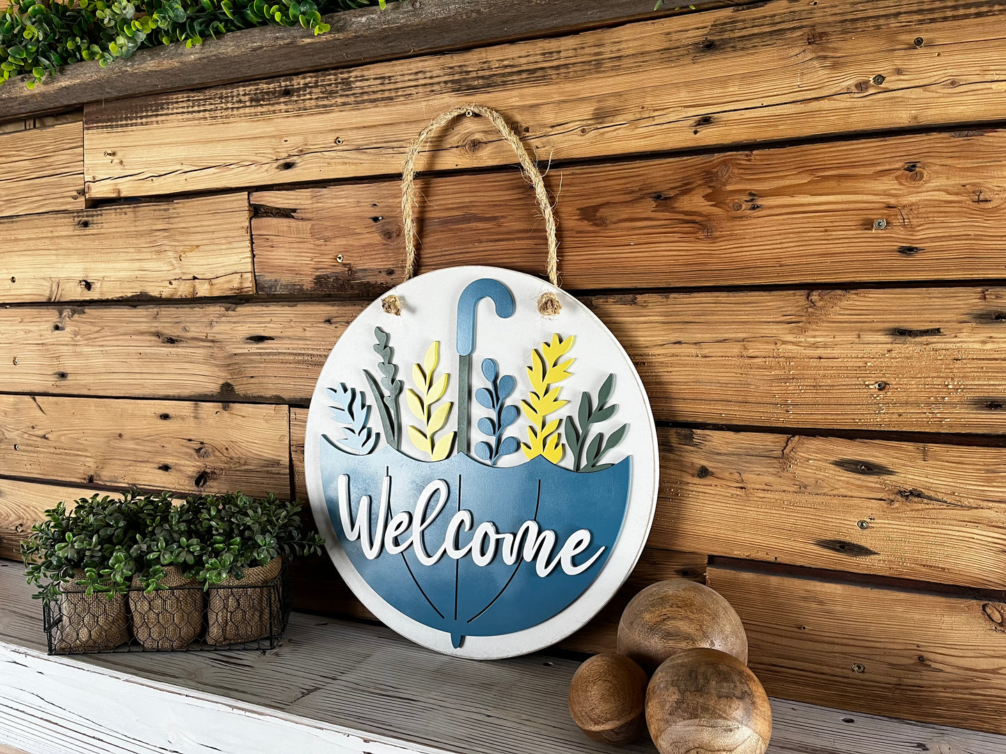Welcome with Umbrella Sign | Farmhouse Porch Decor | Door Hanger