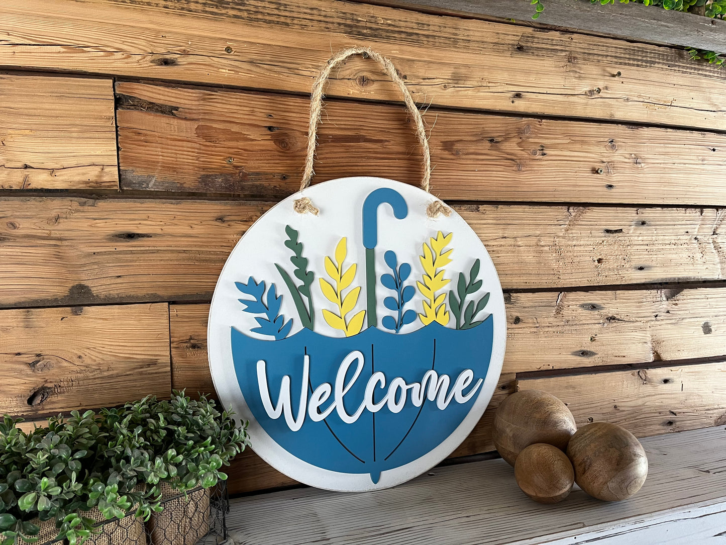 Welcome with Umbrella Sign | Farmhouse Porch Decor | Door Hanger