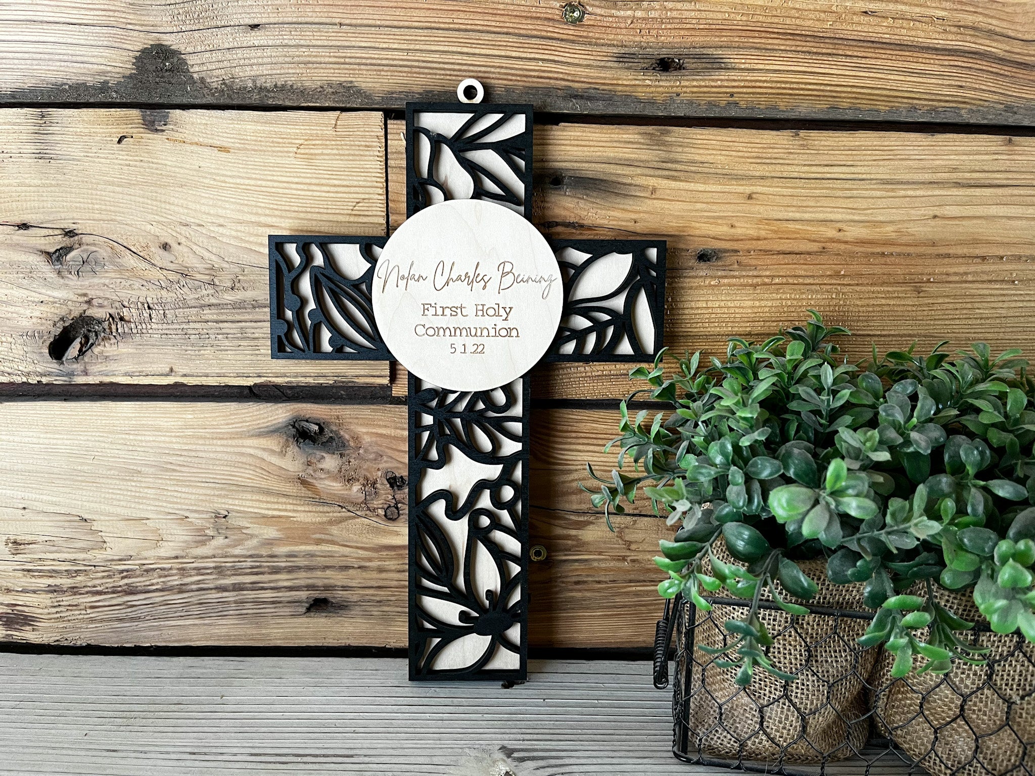 Personalized First Communion Gift | Personalized Wood Cross | Floral Background