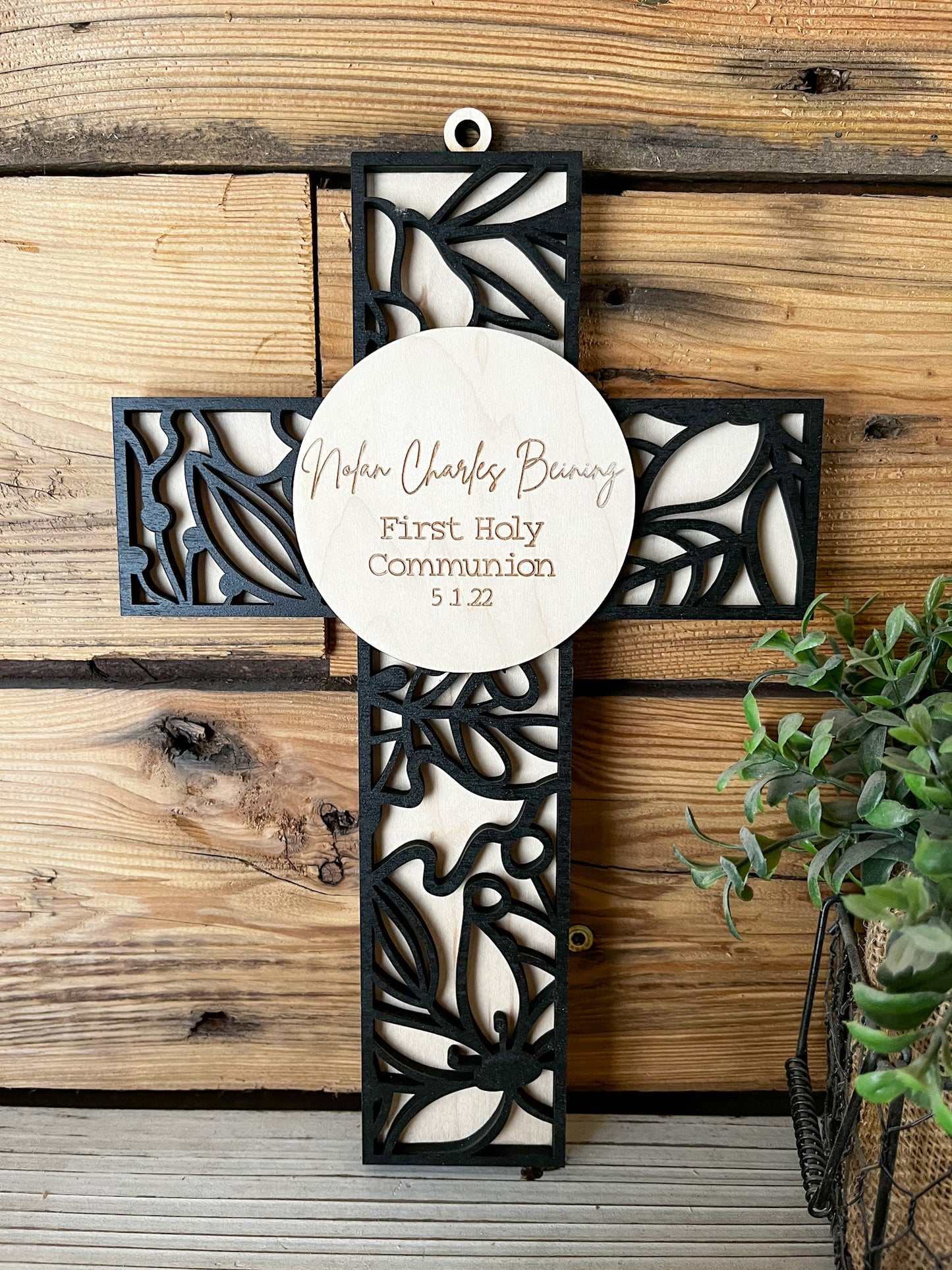 Personalized First Communion Gift | Personalized Wood Cross | Floral Background