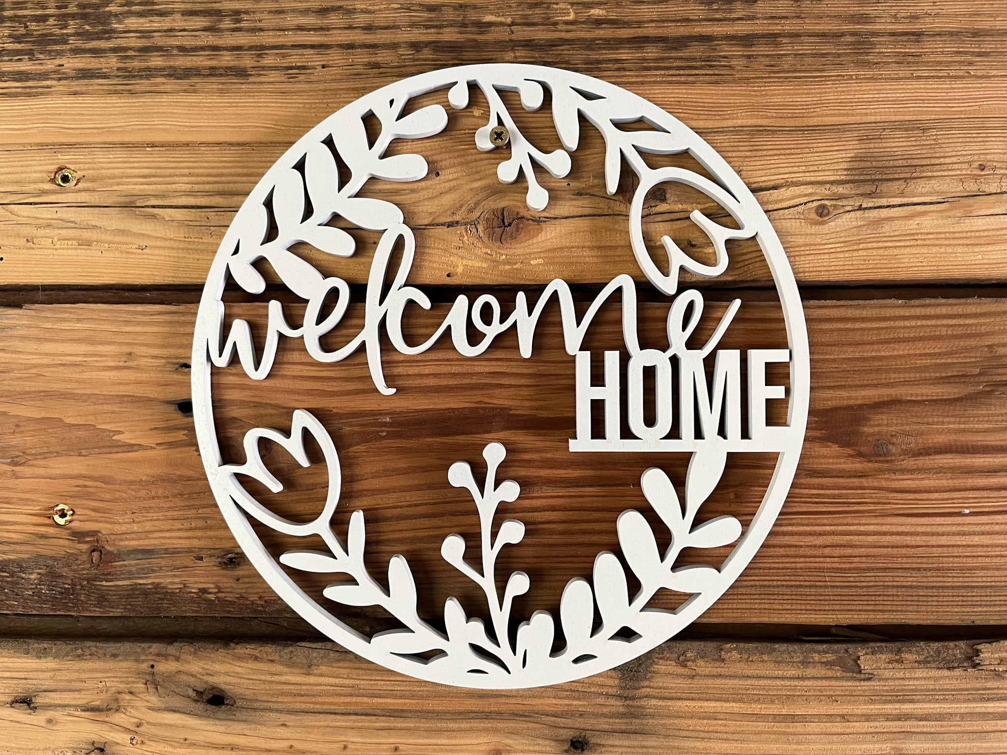 Door Hanger Wreath Cutout Sign | Farmhouse Front Door Sign | Round Welcome Home Sign