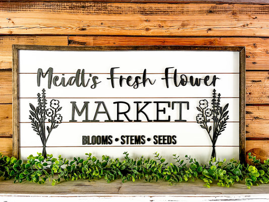 Personalized Fresh Flower Market Farmhouse Sign | Raised Lettering Farmhouse Sign with Shiplap