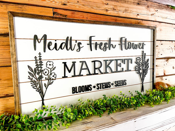 Personalized Fresh Flower Market Farmhouse Sign | Raised Lettering Farmhouse Sign with Shiplap