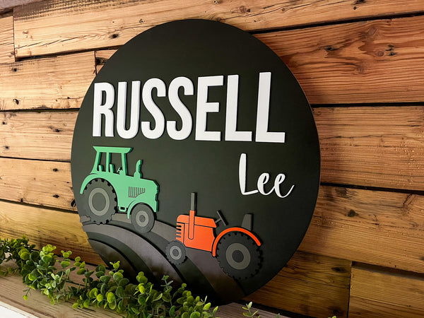 Nursery Name Sign for Boy | Round Wood Nursery Sign | Farm Equipment | Tractors