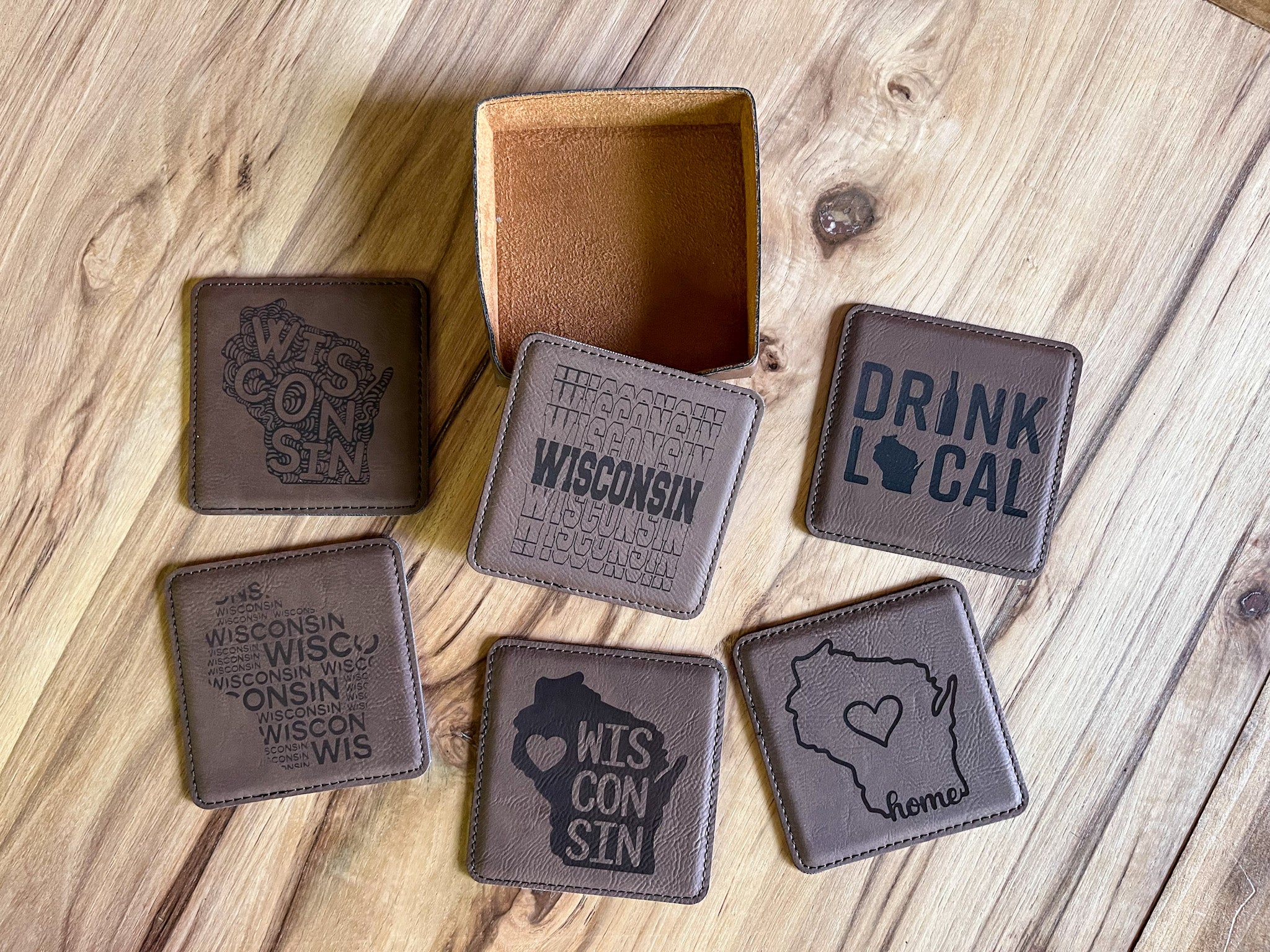 Wisconsin Coasters | Leather Coasters | Set of 6 Square Leather Coasters | Wisconsin Gifts