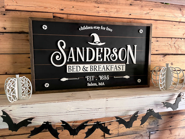 Sanderson Bed and Breakfast Halloween Laser Cut Sign with Raised Lettering | Fall Home Decor