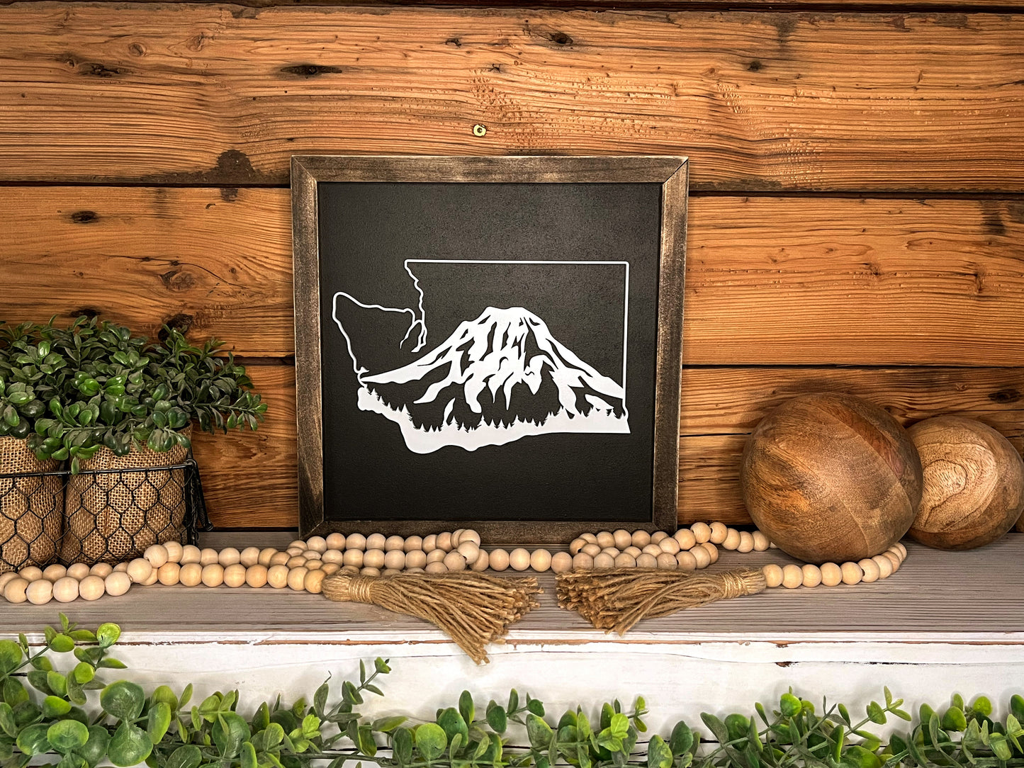 12x12 Mount Rainier Washington state wood sign with Jacobean frame on white background