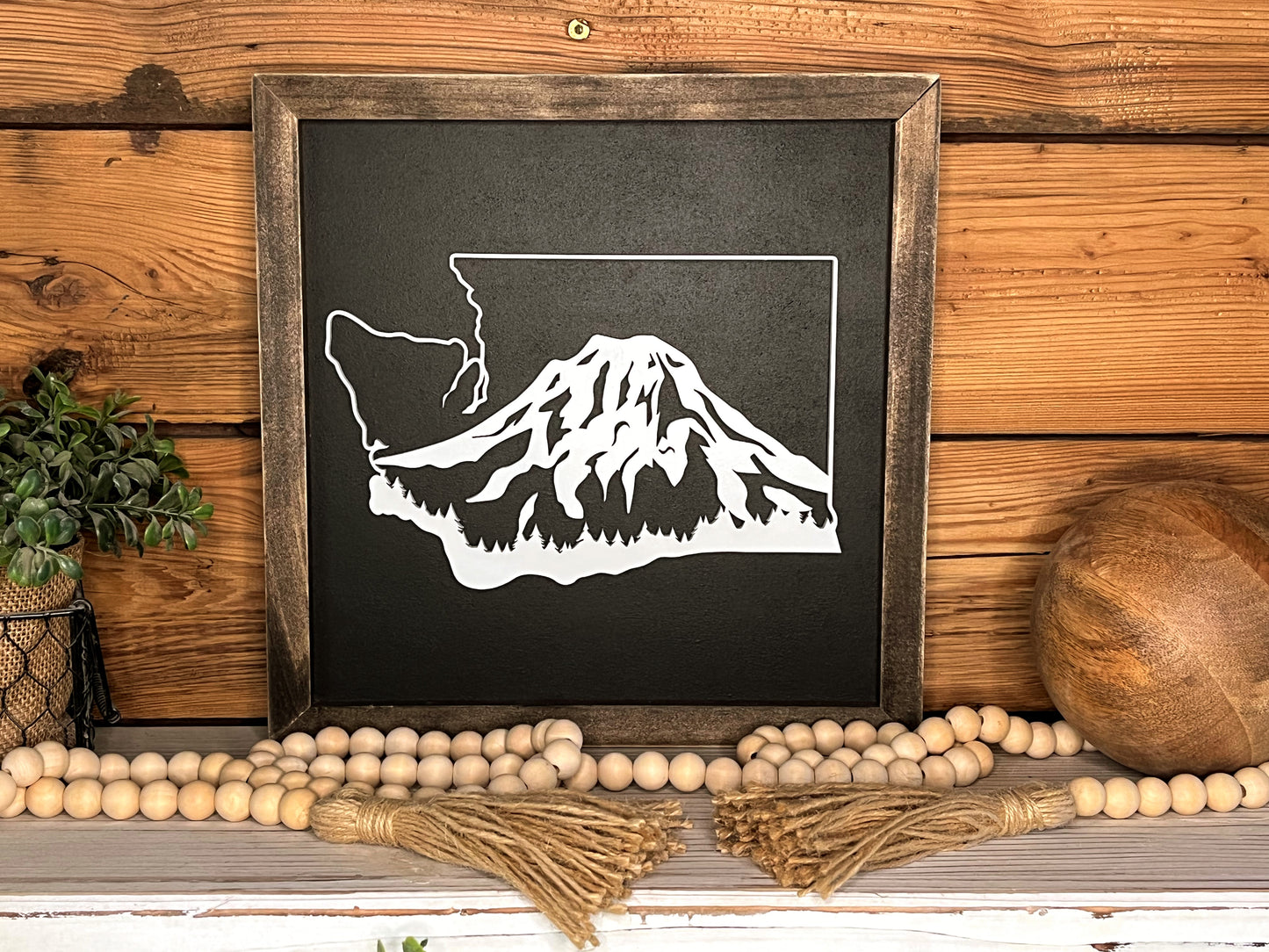 12x12 Mount Rainier Washington state wood sign with Jacobean frame on white background