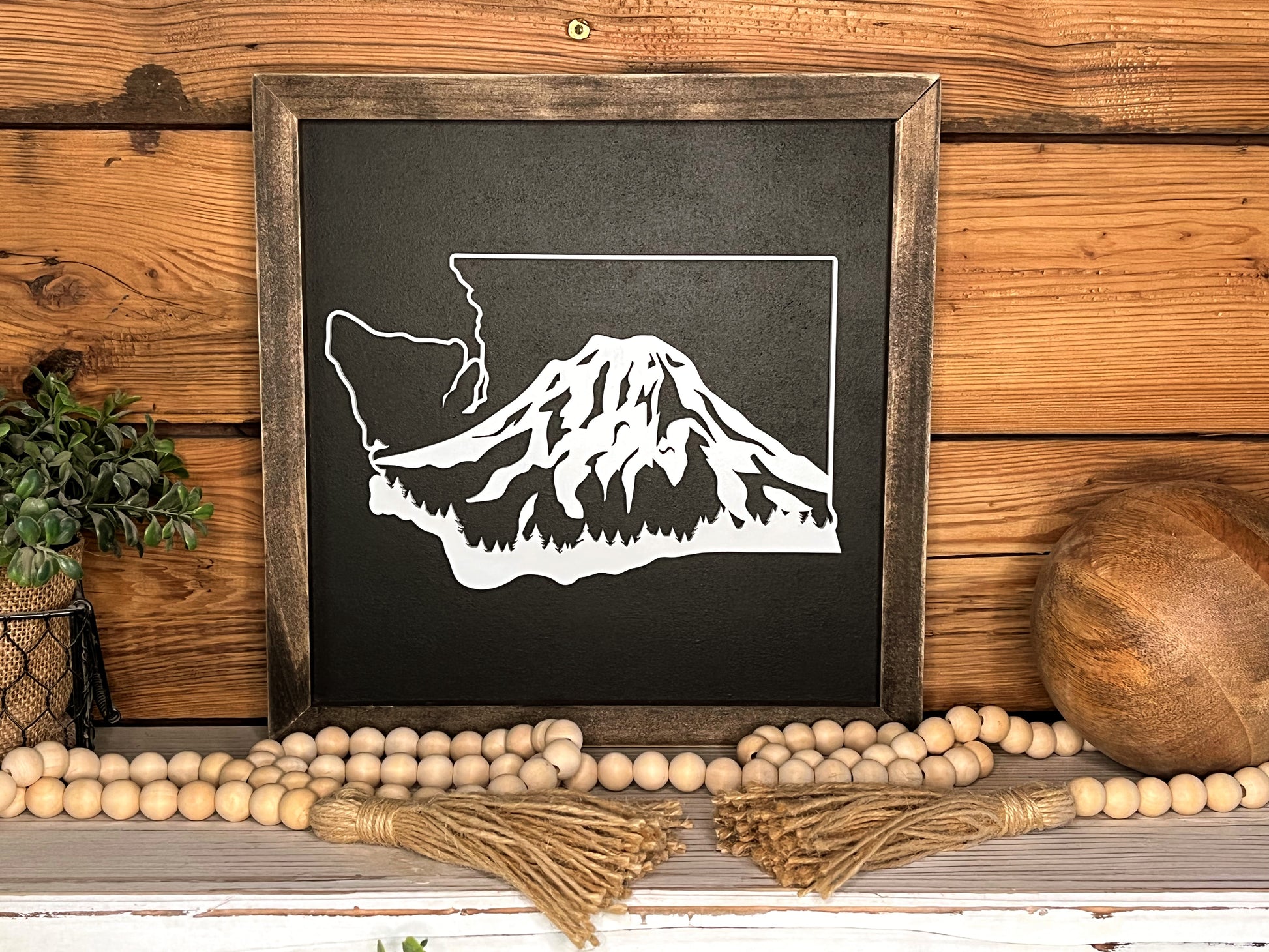12x12 Mount Rainier Washington state wood sign with Jacobean frame on white background