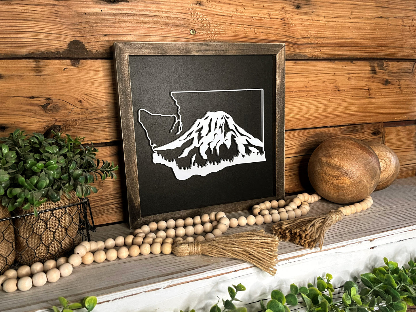 12x12 Mount Rainier Washington state wood sign with Jacobean frame on white background