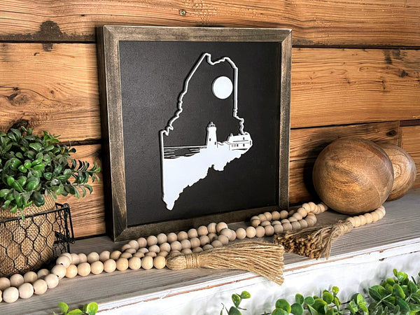 Maine Lighthouse Sign | Maine State Sign | House Warming Gift Idea | State Sign | Rustic Home Decor | Gift for Her |Farmhouse Decor