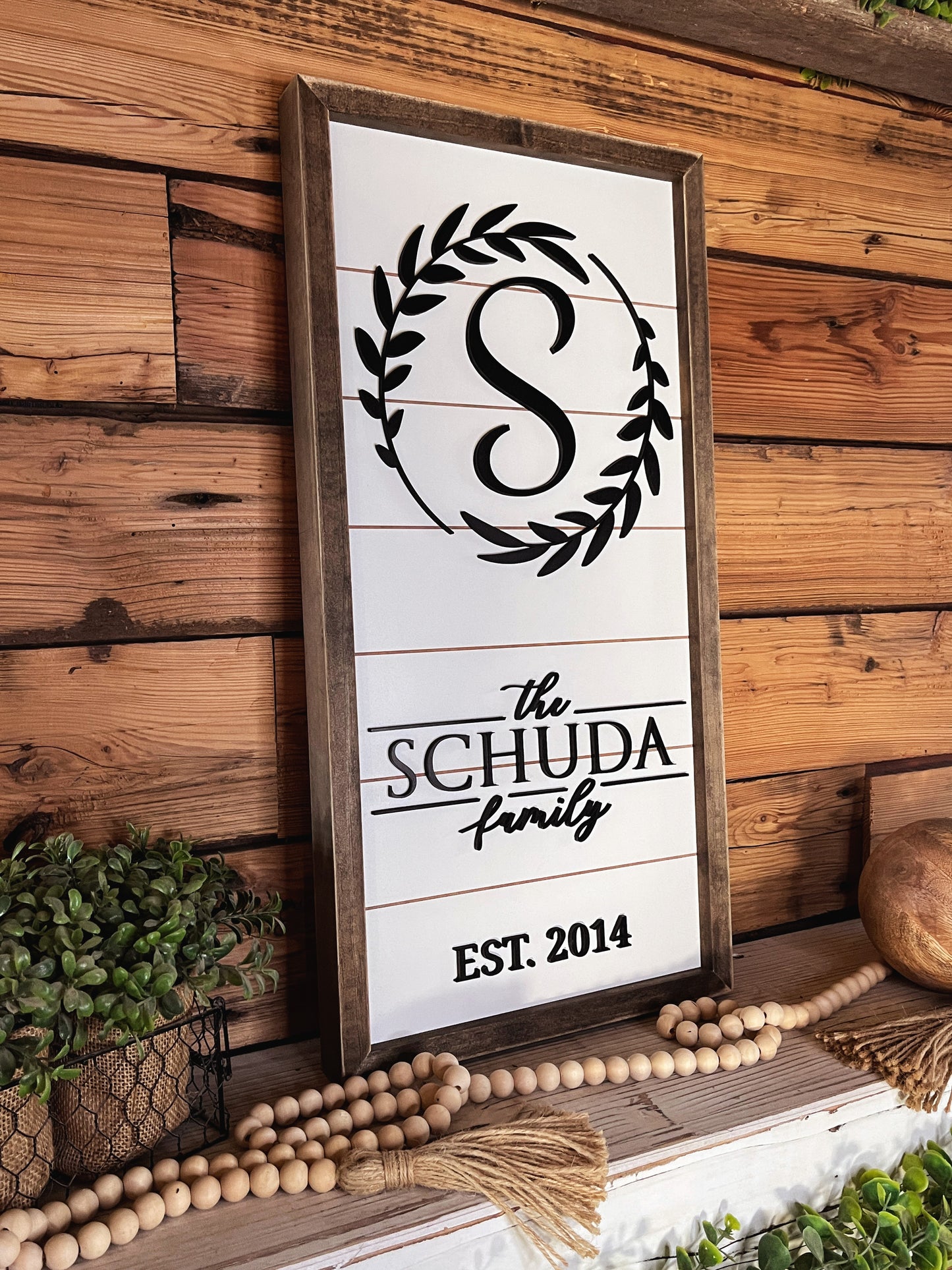 Personalized Raised Lettering Last Name Sign on Shiplap | Wreath