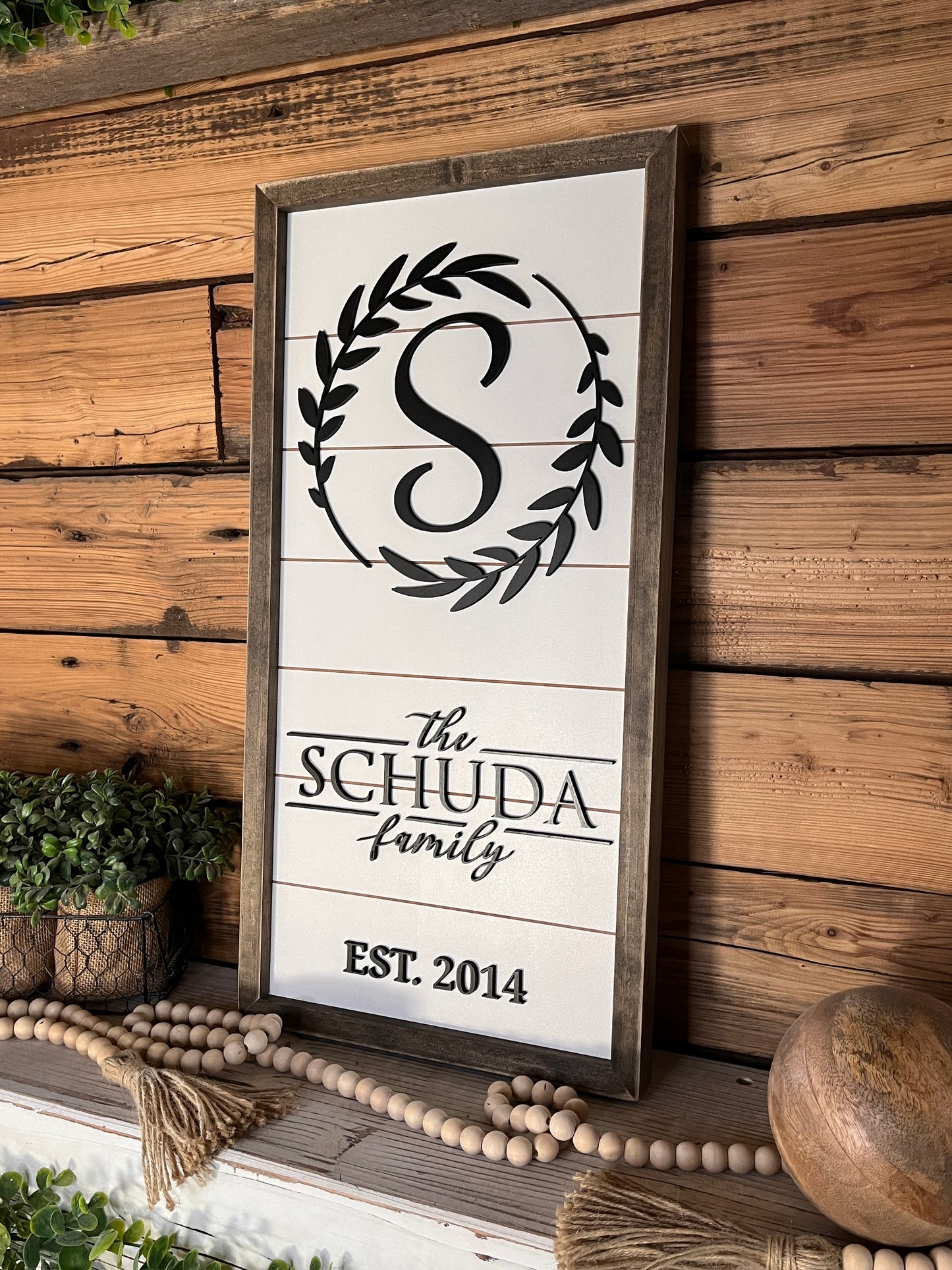 Personalized Raised Lettering Last Name Sign on Shiplap | Wreath