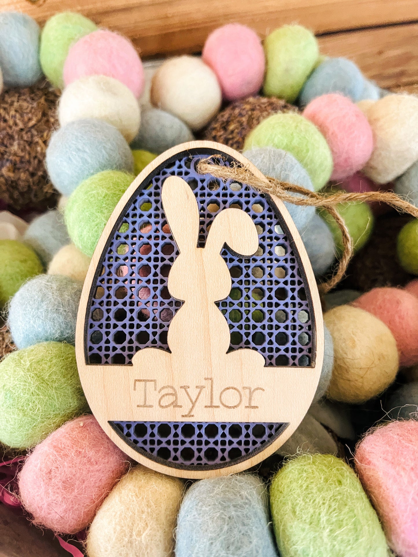 Easter Basket Name Tag | Personalized Wood Easter Rattan Design | Engraved Name Tag
