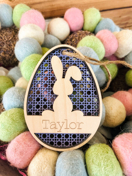 Easter Basket Name Tag | Personalized Wood Easter Rattan Design | Engraved Name Tag