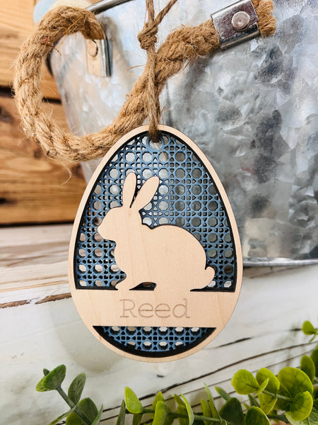 Easter Basket Name Tag | Personalized Wood Easter Rattan Design | Engraved Name Tag