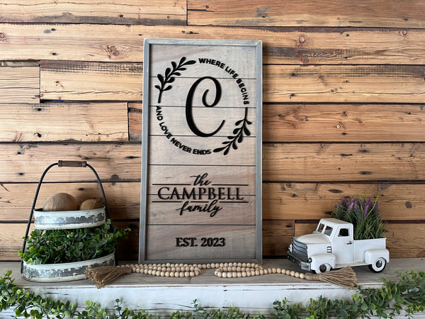 Personalized Raised Lettering Last Name Sign on Shiplap | Where Life Begins and Love Never Ends
