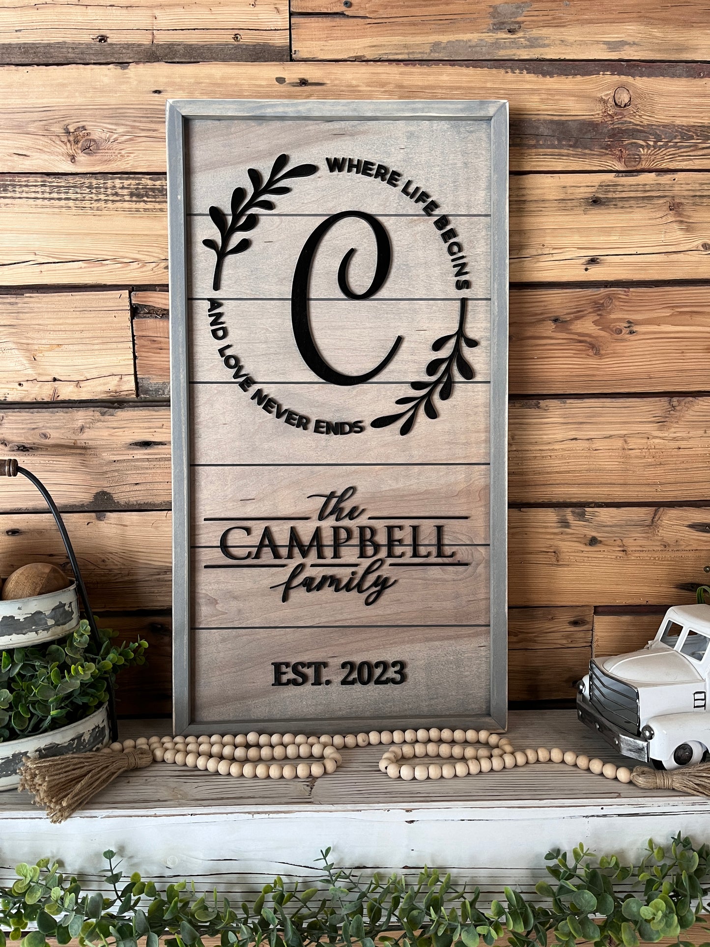 Personalized Raised Lettering Last Name Sign on Shiplap | Where Life Begins and Love Never Ends