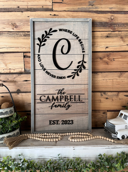 Personalized Raised Lettering Last Name Sign on Shiplap | Where Life Begins and Love Never Ends