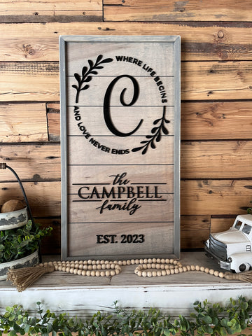Personalized Raised Lettering Last Name Sign on Shiplap | Where Life Begins and Love Never Ends