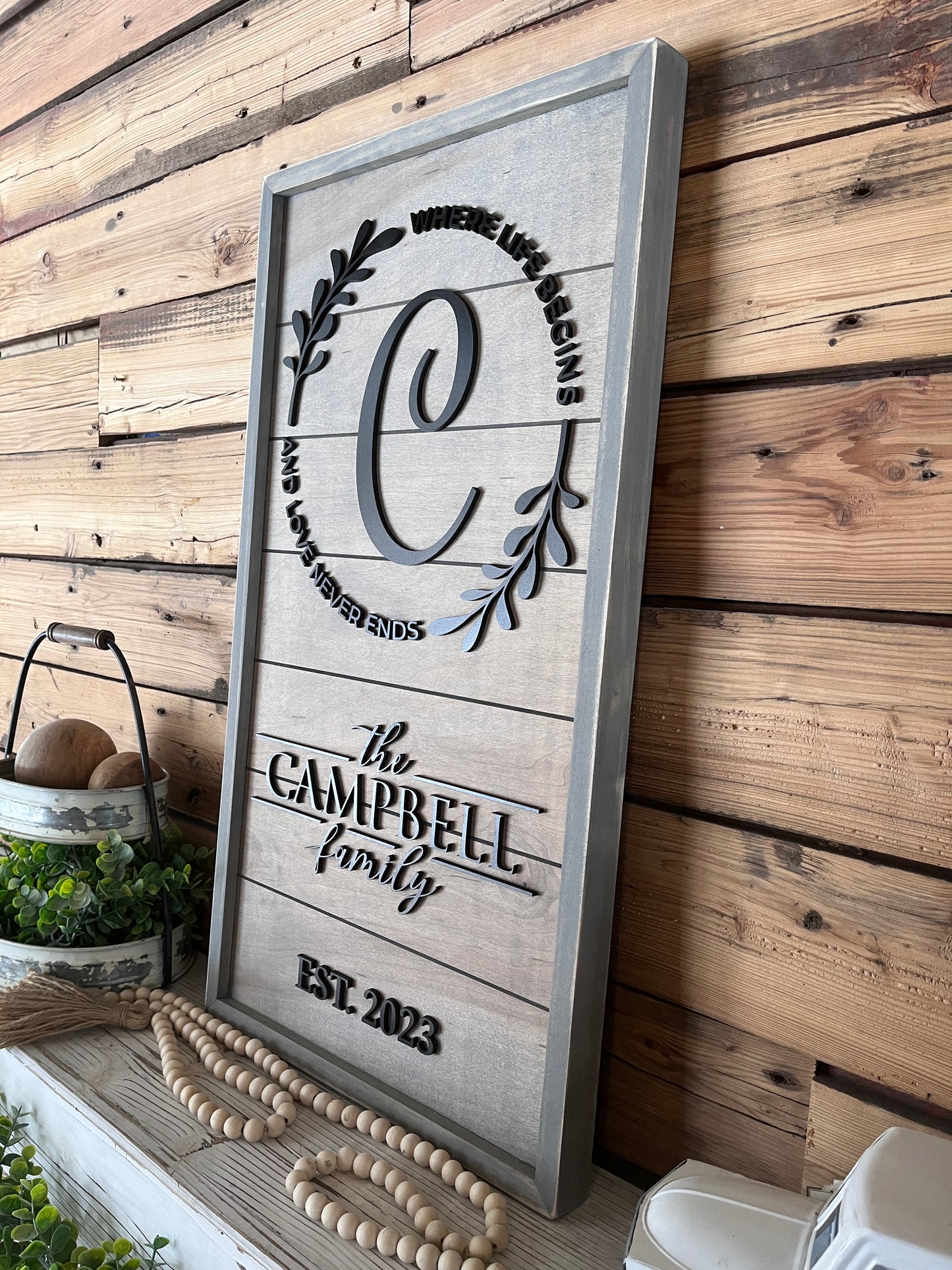 Personalized Raised Lettering Last Name Sign on Shiplap | Where Life Begins and Love Never Ends