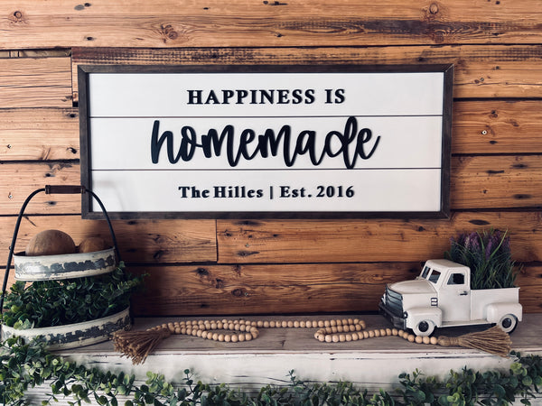 Happiness is Homemade | Personalized Raised Lettering Last Name Sign on Shiplap