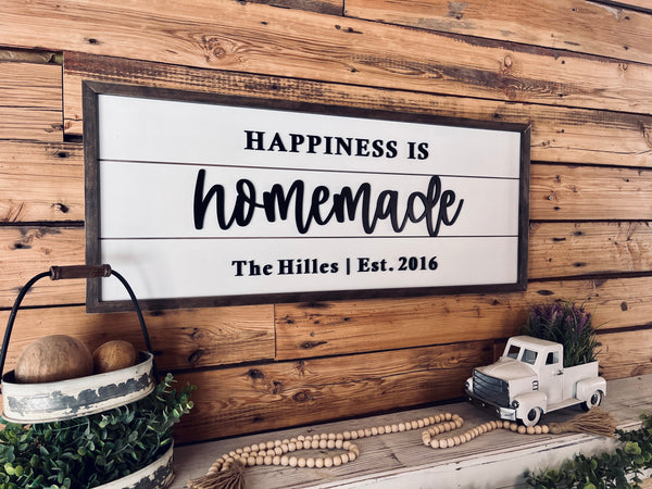 Happiness is Homemade | Personalized Raised Lettering Last Name Sign on Shiplap